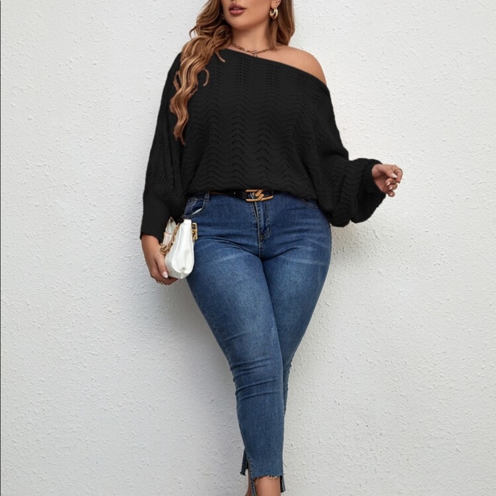 Plus Off Shoulder Asymmetrical Neck Batwing Cuff Sleeve Sweater Top - Picture 4 of 13